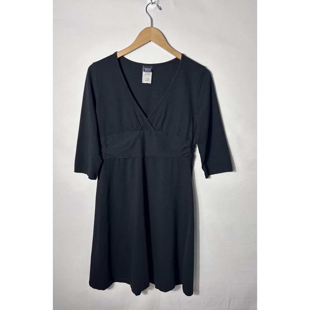 Patagonia Dress Womens Large Black Organic Cotton Empire 3/4 Sleeve Fit & Flare